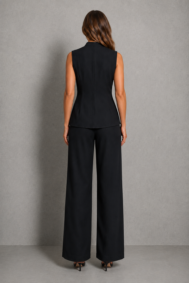 A woman viewed from the back wearing a sleeveless black vest and matching wide-leg trousers against a plain gray studio background.