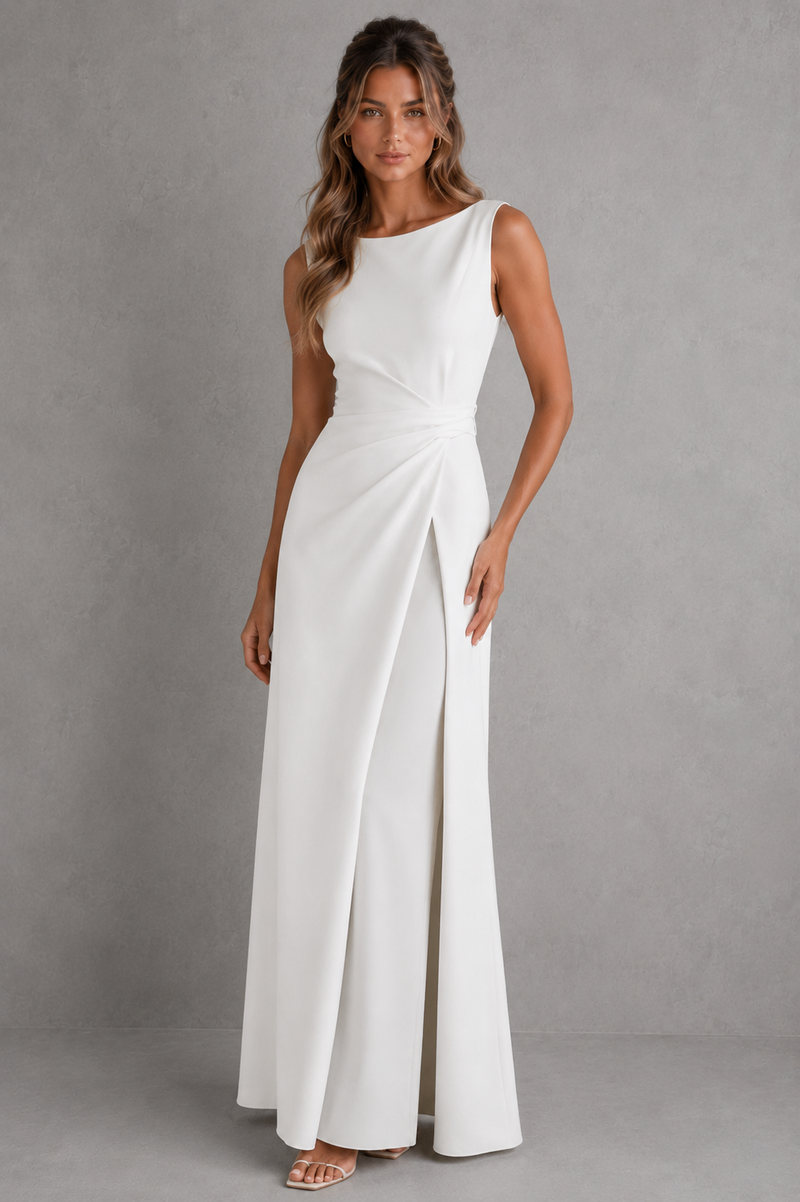 Woman wearing a white sleeveless dress against a gray background