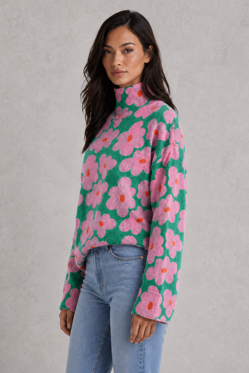 Women’s Floral Roll Neck Jumper - Relaxed Fit Soft Knit