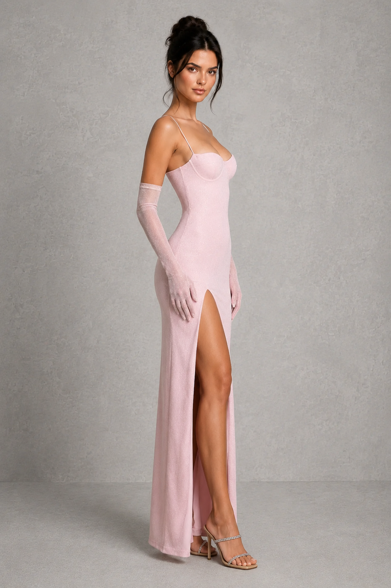 Woman wearing a pink evening gown with a high slit and long gloves against a gray background