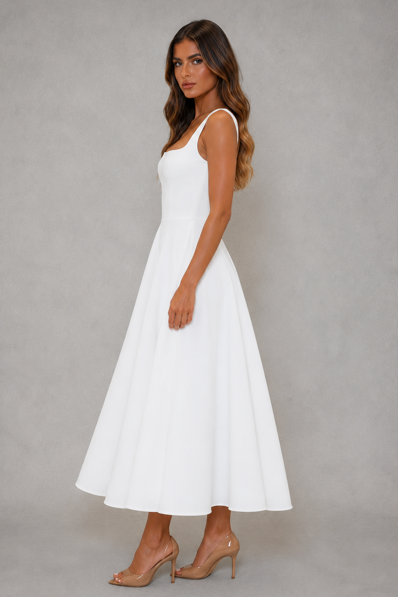 Woman wearing a white dress against a gray background