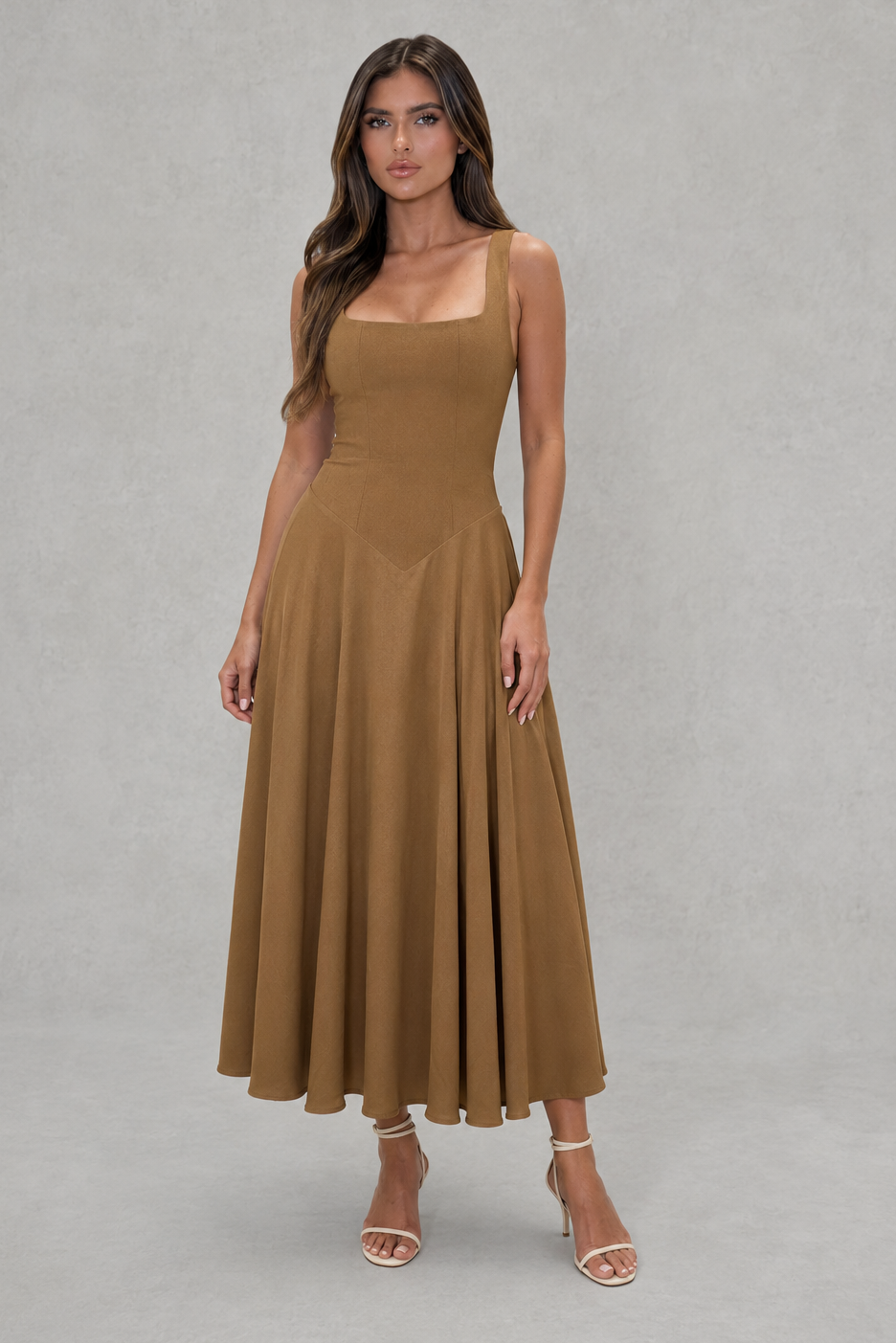 Woman wearing a brown dress against a gray background