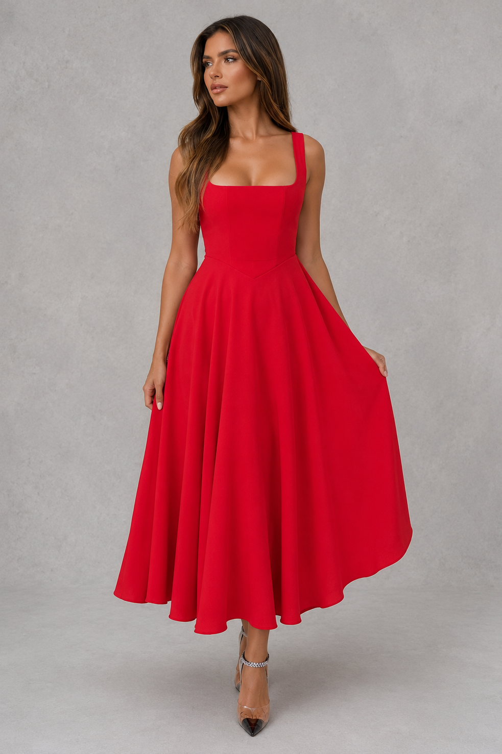 Woman wearing a red dress against a gray background