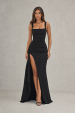 Women’s Square Neck Maxi Dress with Draped Split Detail for Evening & Formal Wear