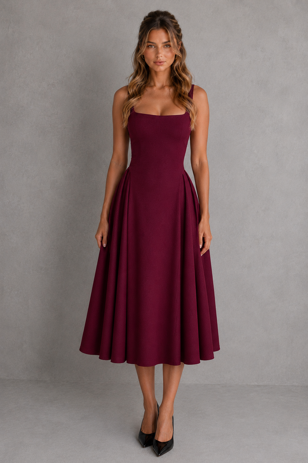 Woman wearing a burgundy strapless dress against a gray background