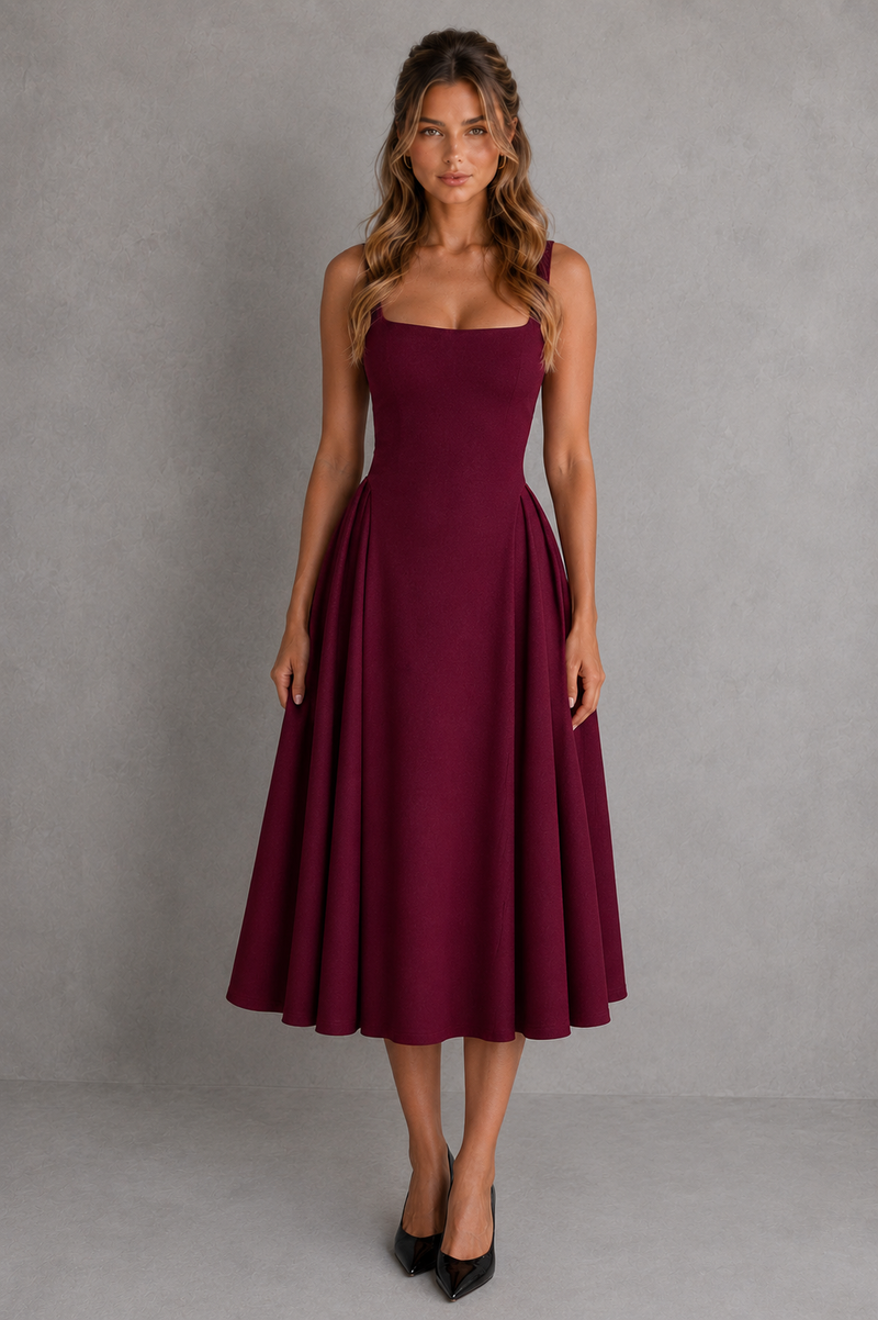 Woman wearing a burgundy strapless dress against a gray background