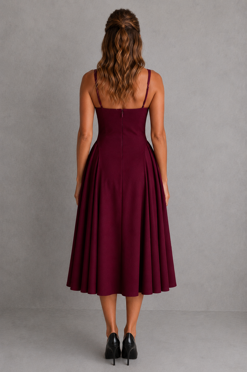 Woman wearing a burgundy dress against a gray background