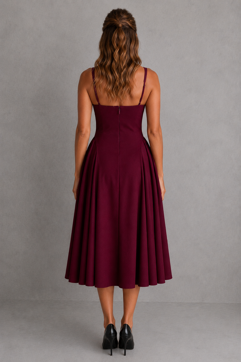 Woman wearing a burgundy dress against a gray background