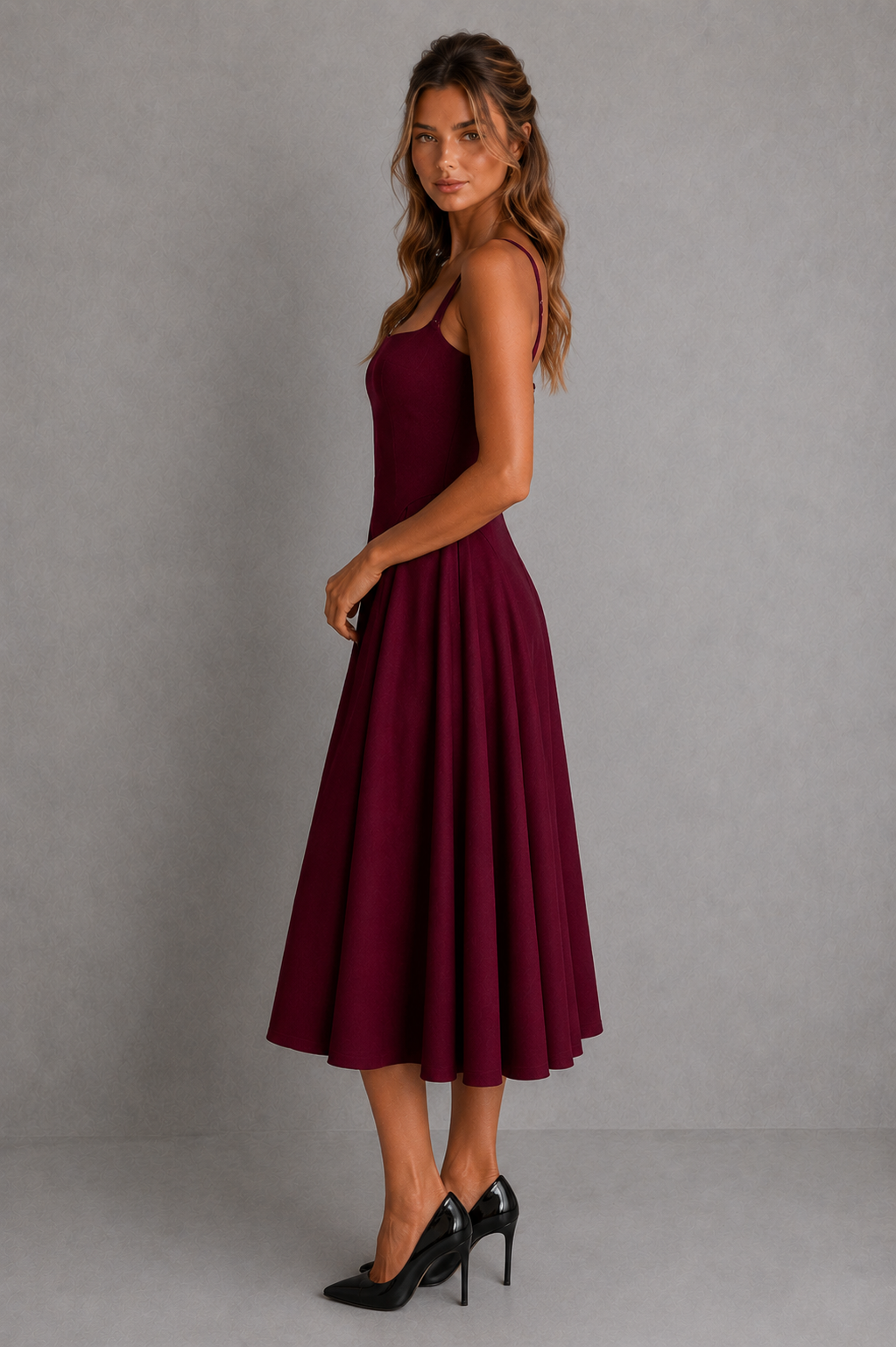Woman wearing a burgundy dress against a gray background