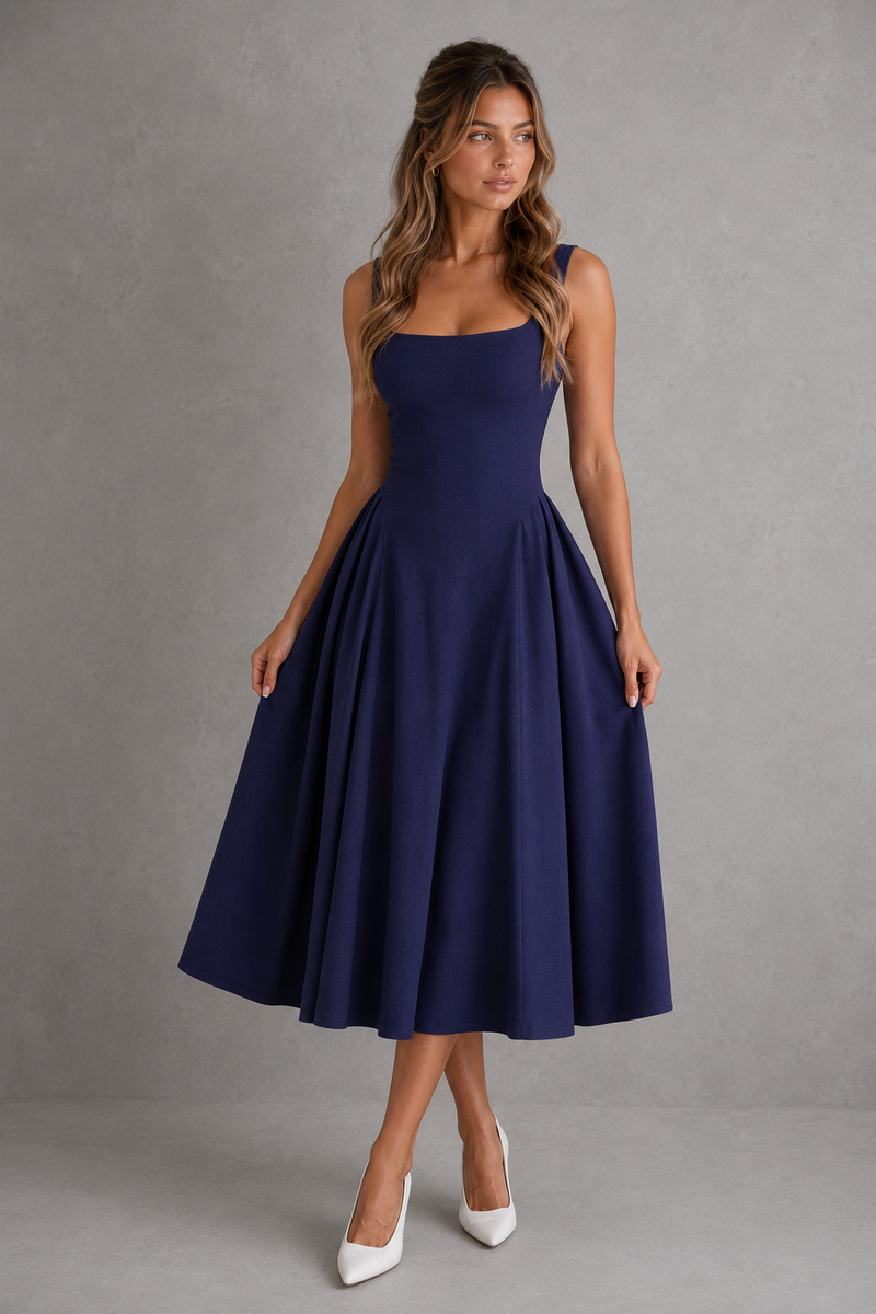 Woman wearing a navy blue dress against a gray background