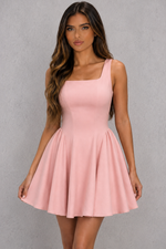 Women’s Square Neck Pleated Mini Dress with A-Line Skirt for Party & Occasion Wear