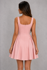 Women’s Square Neck Pleated Mini Dress with A-Line Skirt for Party & Occasion Wear