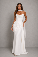 Women's Strapless Corset Maxi Dress - Cowl Neck Wedding Guest & Evening Dress