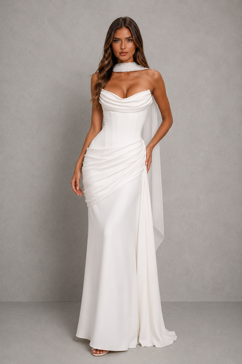Women's Strapless Corset Maxi Dress - Cowl Neck Wedding Guest & Evening Dress