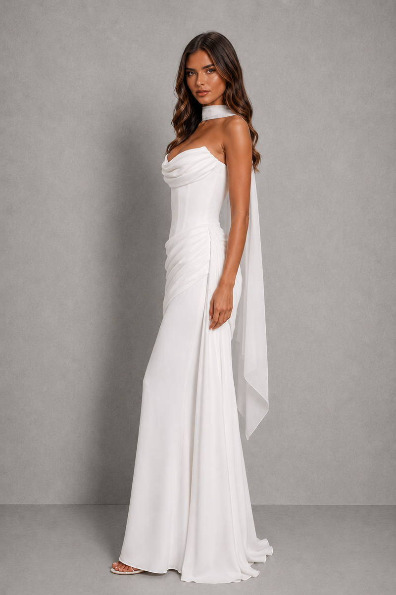 Women's Strapless Corset Maxi Dress - Cowl Neck Wedding Guest & Evening Dress