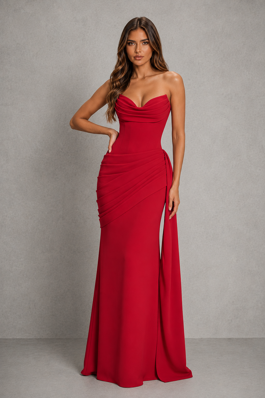 A woman modeling a strapless red floor-length gown with a sweetheart neckline, ruched bodice, and draped skirt details, standing against a textured gray studio backdrop.