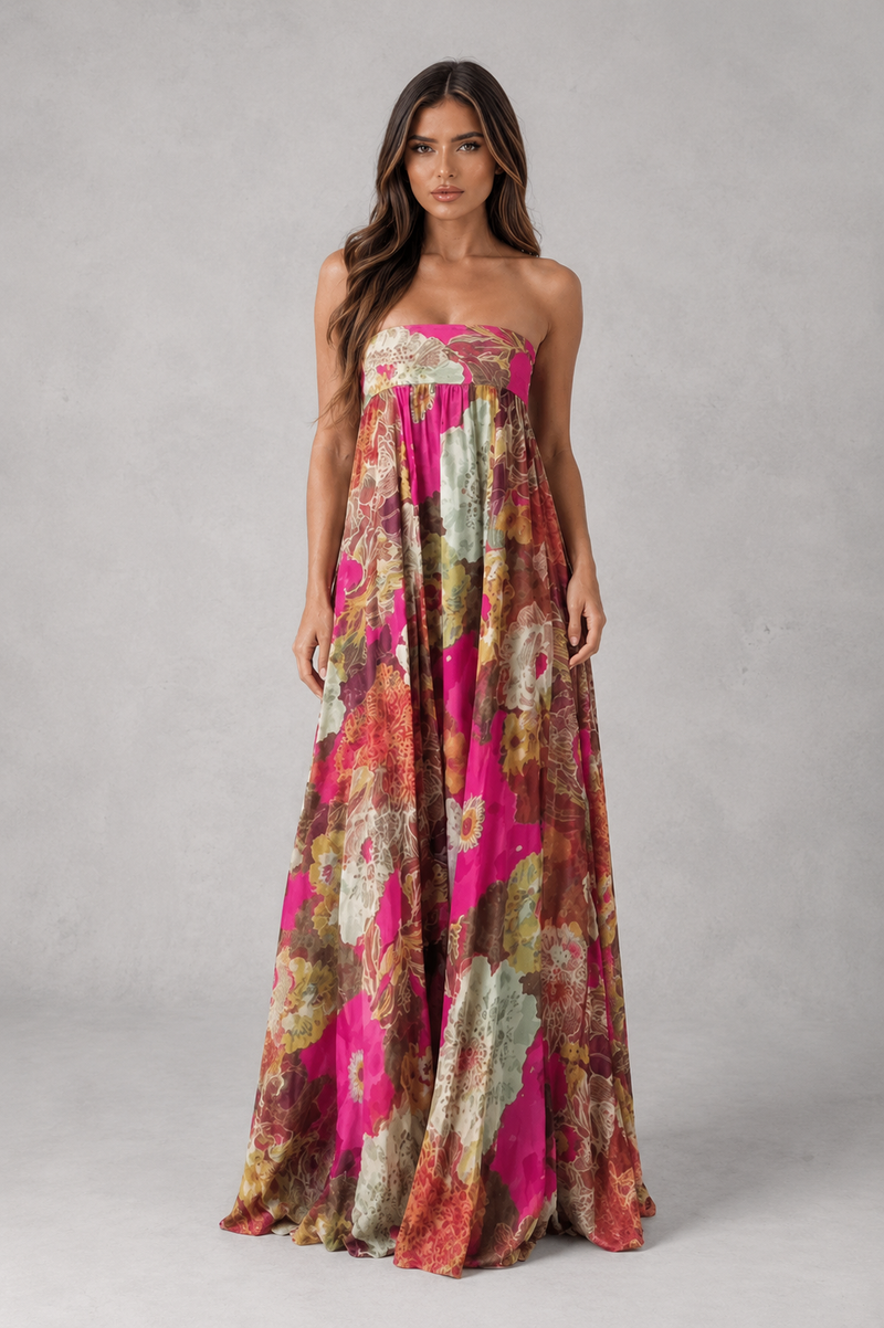 A woman modeling a strapless maxi dress with a vibrant abstract floral print in pink, orange, and beige tones against a neutral gray studio background.