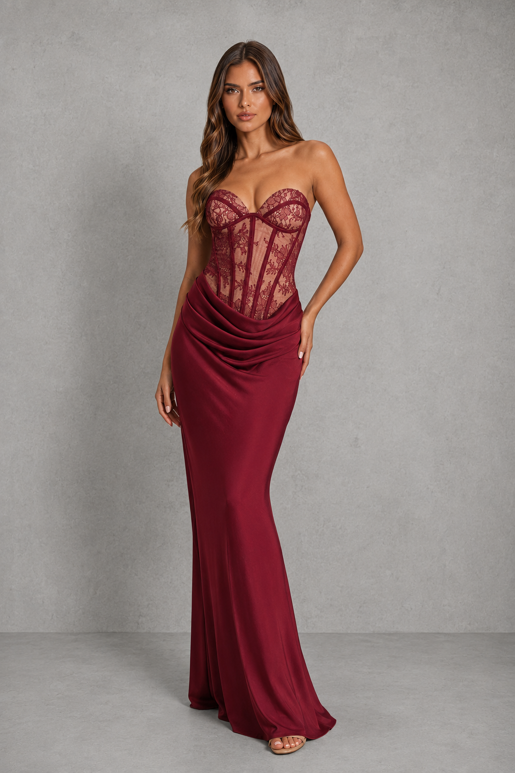 Women's Strapless Lace Corset Maxi Dress - Wedding Guest & Evening Dress