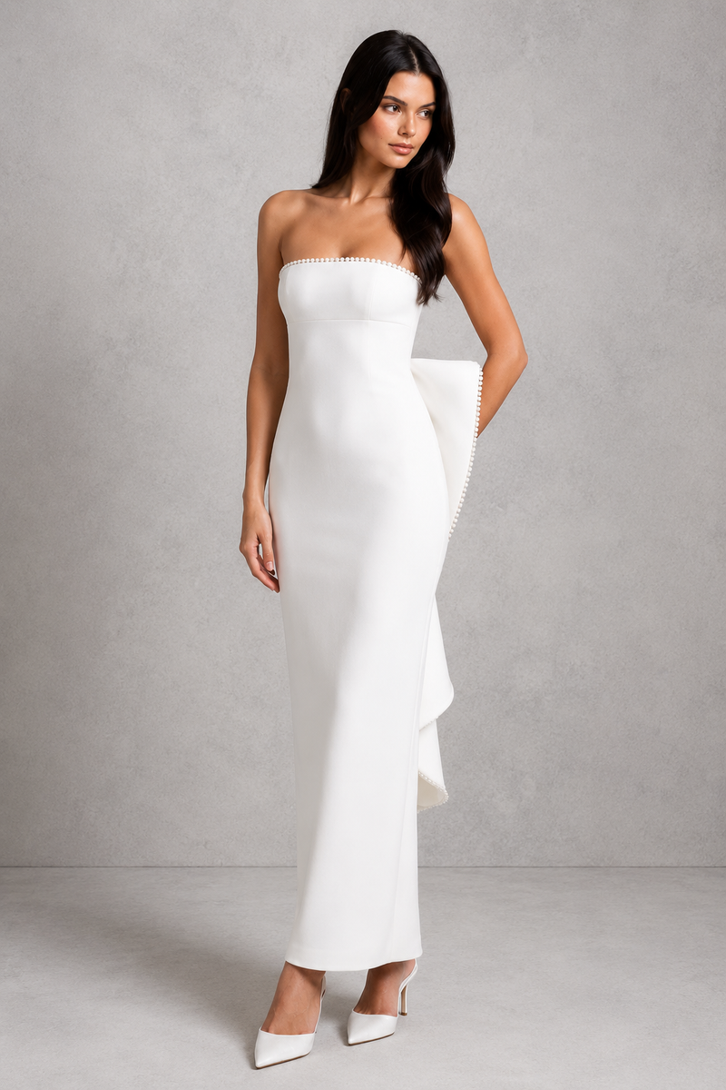 Women’s Strapless Maxi Dress with Pearl Trim & Detachable Bow for Evening & Formal Wear