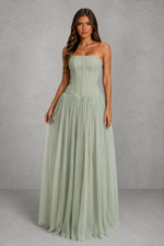 Women’s Strapless Mesh Maxi Dress with Corset Bodice for Wedding & Evening Wear