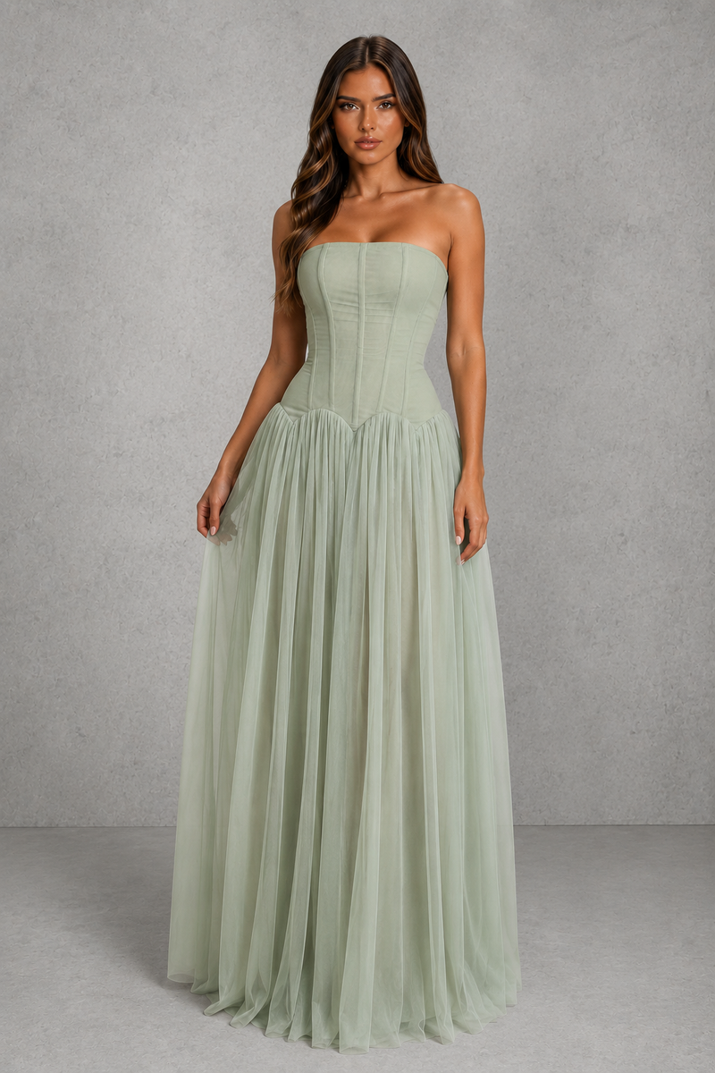 Women’s Strapless Mesh Maxi Dress with Corset Bodice for Wedding & Evening Wear