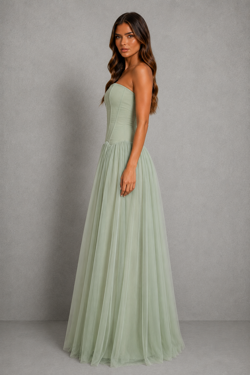 Women’s Strapless Mesh Maxi Dress with Corset Bodice for Wedding & Evening Wear