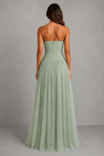 Women’s Strapless Mesh Maxi Dress with Corset Bodice for Wedding & Evening Wear