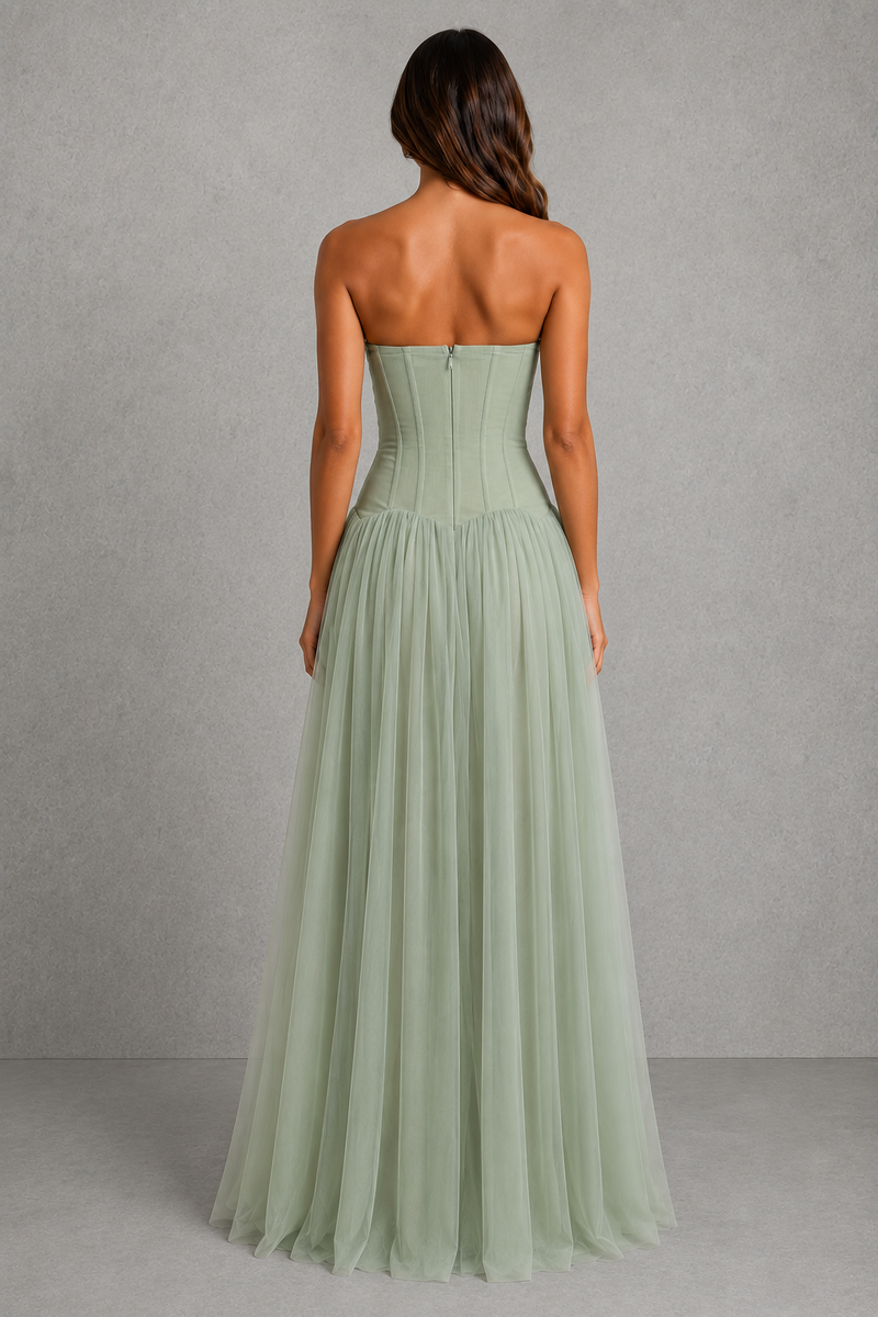 Women’s Strapless Mesh Maxi Dress with Corset Bodice for Wedding & Evening Wear