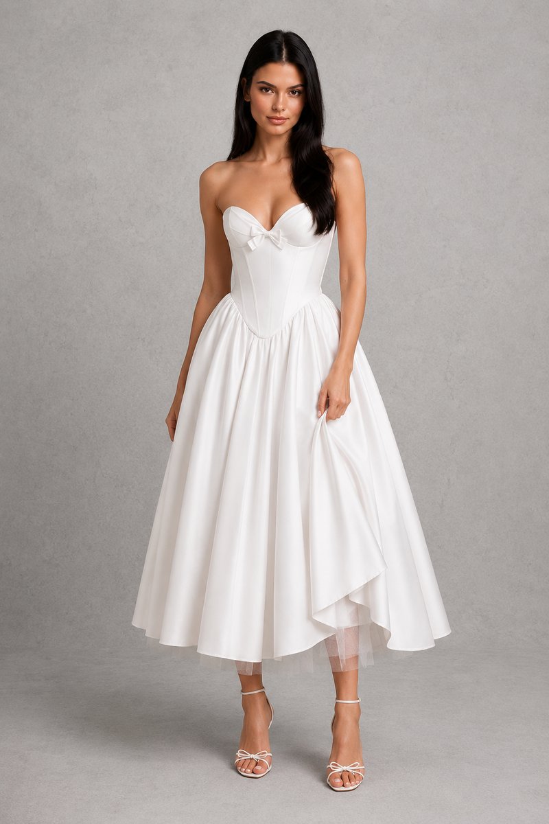 Woman wearing a white strapless dress on a gray background