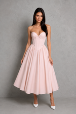 Woman wearing a pink strapless dress against a gray background