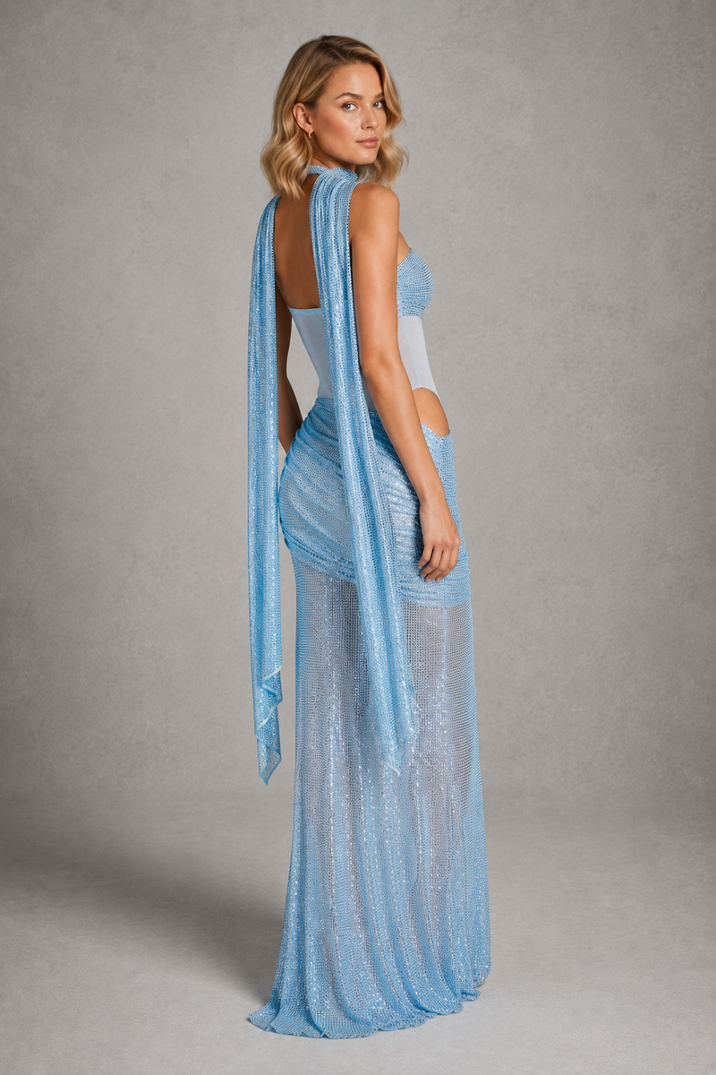 Women’s Strapless Rhinestone Maxi Dress with Cut Out Detail for Evening & Formal Wear