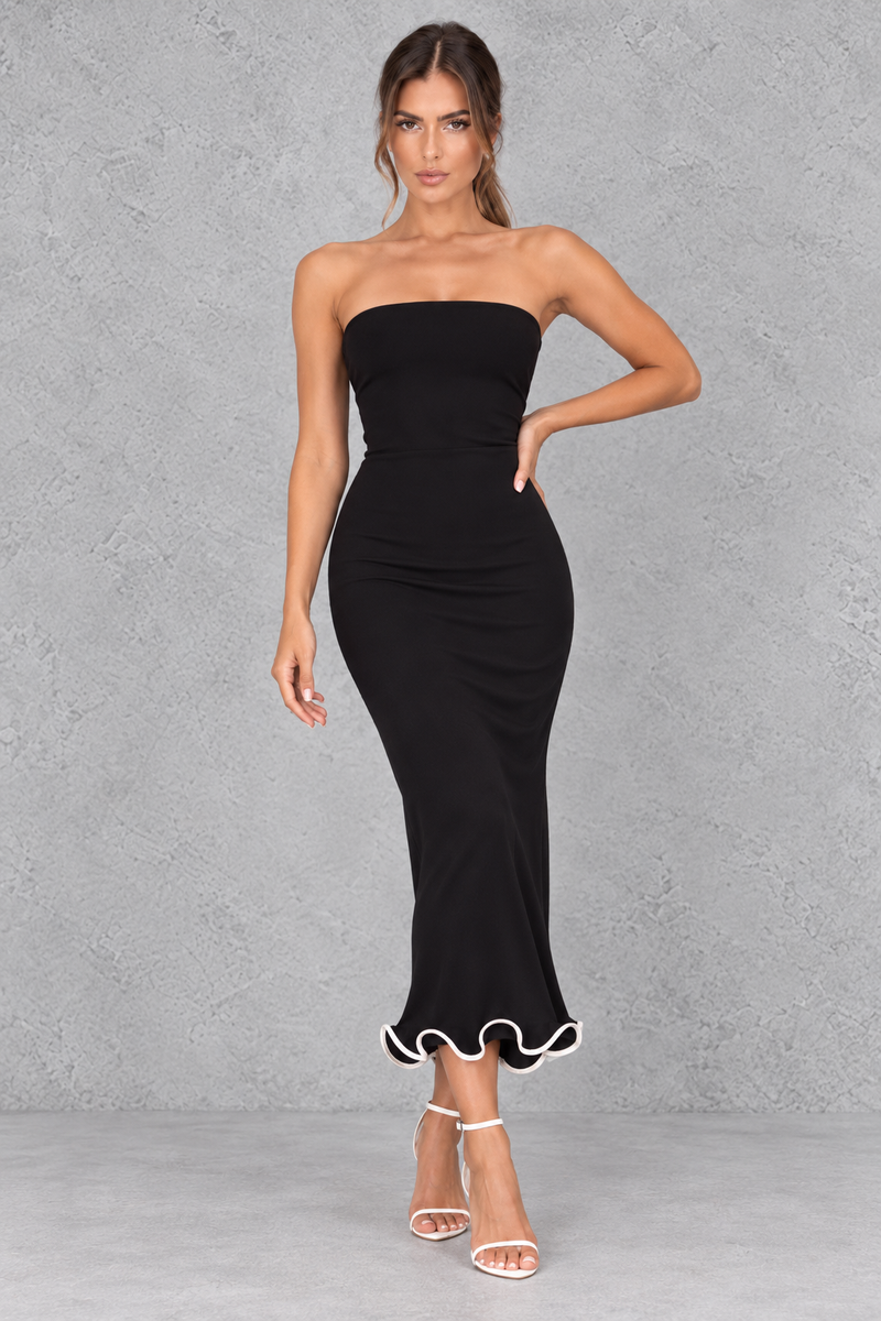 Women’s strapless ruched bodycon midi dress with wrap-style detailing, a fitted silhouette and feminine ruffle hem.
