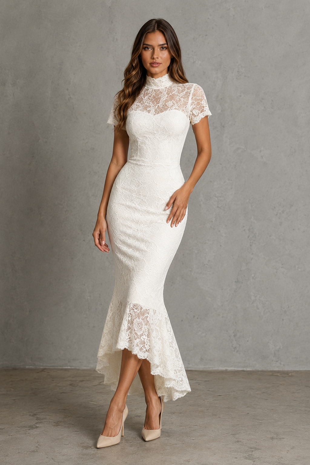 A woman modeling a fitted white lace midi dress with short sleeves, a high mock neck, and a flared lace hem, standing against a textured gray studio wall.
