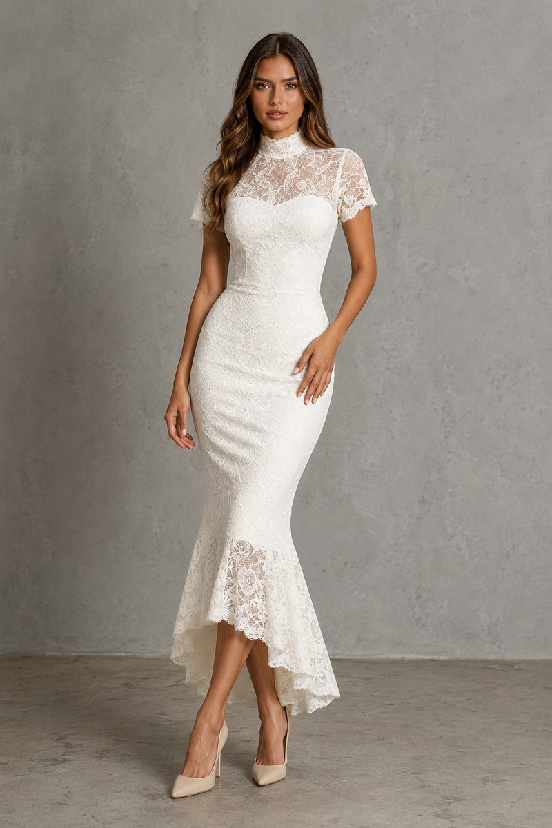 A woman modeling a fitted white lace midi dress with short sleeves, a high mock neck, and a flared lace hem, standing against a textured gray studio wall.