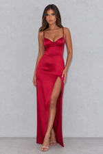 Women’s Stretch Satin Maxi Dress with Lace-Up Back & Thigh High Split for Evening & Formal Wear