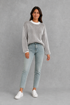 Women’s  striped knit jumper with a relaxed fit, drop shoulders, crew neckline and long sleeves.