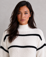 Women’s Striped Mock Turtleneck Knit Jumper with Lantern Sleeves for Casual & Everyday Wear