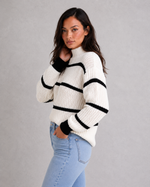 Women’s Striped Mock Turtleneck Knit Jumper with Lantern Sleeves for Casual & Everyday Wear