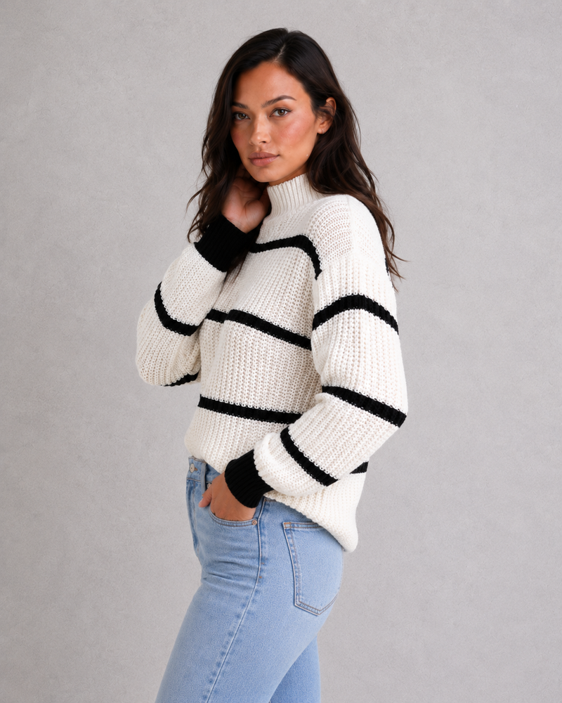 Women’s Striped Mock Turtleneck Knit Jumper with Lantern Sleeves for Casual & Everyday Wear