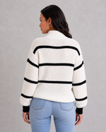 Women’s Striped Mock Turtleneck Knit Jumper with Lantern Sleeves for Casual & Everyday Wear