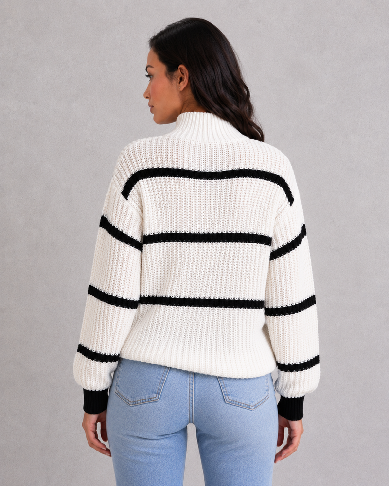 Women’s Striped Mock Turtleneck Knit Jumper with Lantern Sleeves for Casual & Everyday Wear