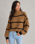 Women’s Striped Mock Turtleneck Knit Jumper with Lantern Sleeves for Casual & Everyday Wear