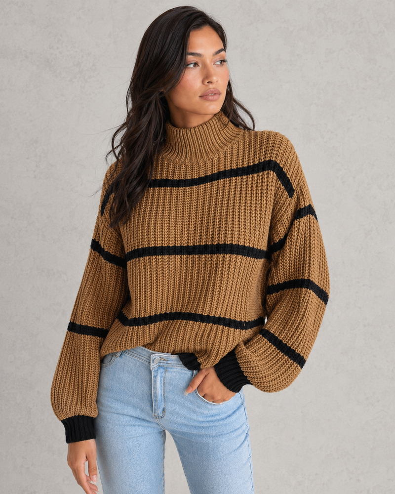 Women’s Striped Mock Turtleneck Knit Jumper with Lantern Sleeves for Casual & Everyday Wear