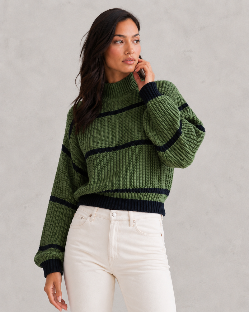 Women’s Striped Mock Turtleneck Knit Jumper with Lantern Sleeves for Casual & Everyday Wear