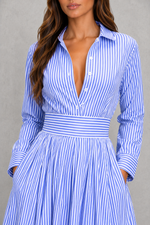 Women’s Striped Shirt Maxi Dress with Collared Neck & Cinched Waist for Casual Summer Wear