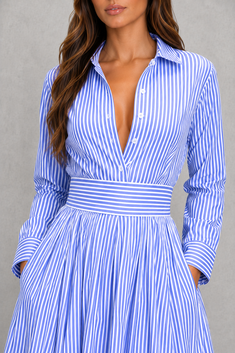 Women’s Striped Shirt Maxi Dress with Collared Neck & Cinched Waist for Casual Summer Wear