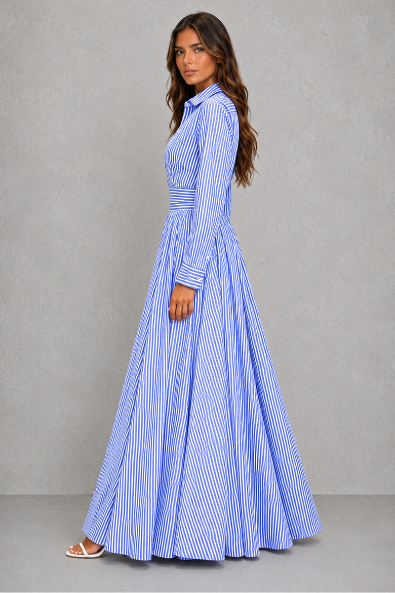 Women’s Striped Shirt Maxi Dress with Collared Neck & Cinched Waist for Casual Summer Wear