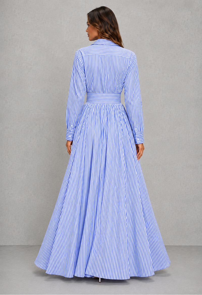 Women’s Striped Shirt Maxi Dress with Collared Neck & Cinched Waist for Casual Summer Wear