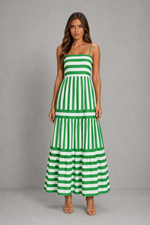 Women’s Striped Tiered Maxi Dress with Adjustable Straps for Summer & Holiday Wear