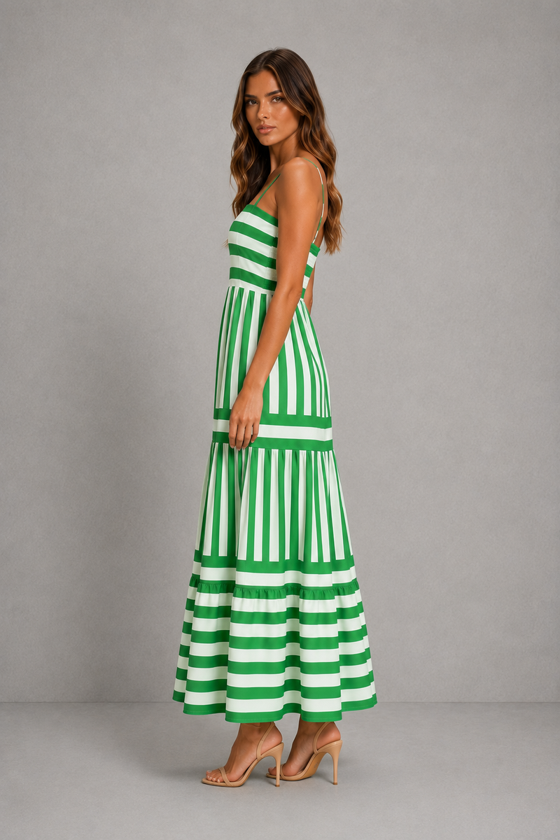 Women’s Striped Tiered Maxi Dress with Adjustable Straps for Summer & Holiday Wear